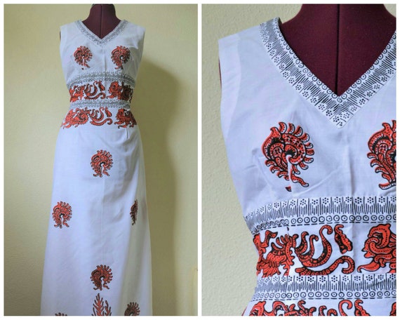 Vintage 60s 70s maxi dress // white red geometric