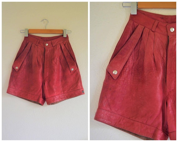 Vintage leather shorts // 80s red pink leather sh… - image 1