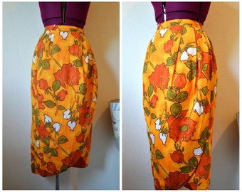 Vintage 1960's 50s sarong skirt // wrap orange bright tiki summer pin up rockabilly skirt // XS