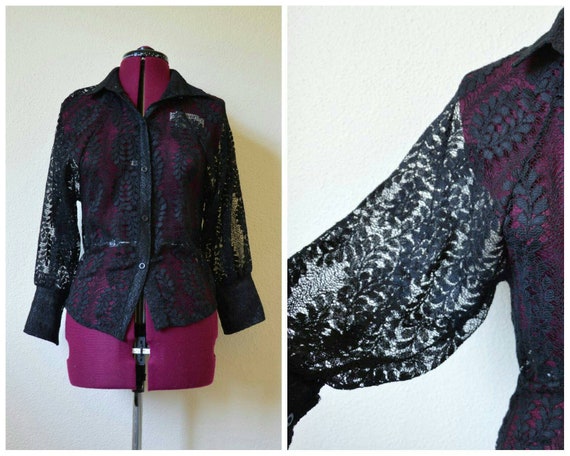 Vintage 80s 90s black lace blouse // balloon sleev