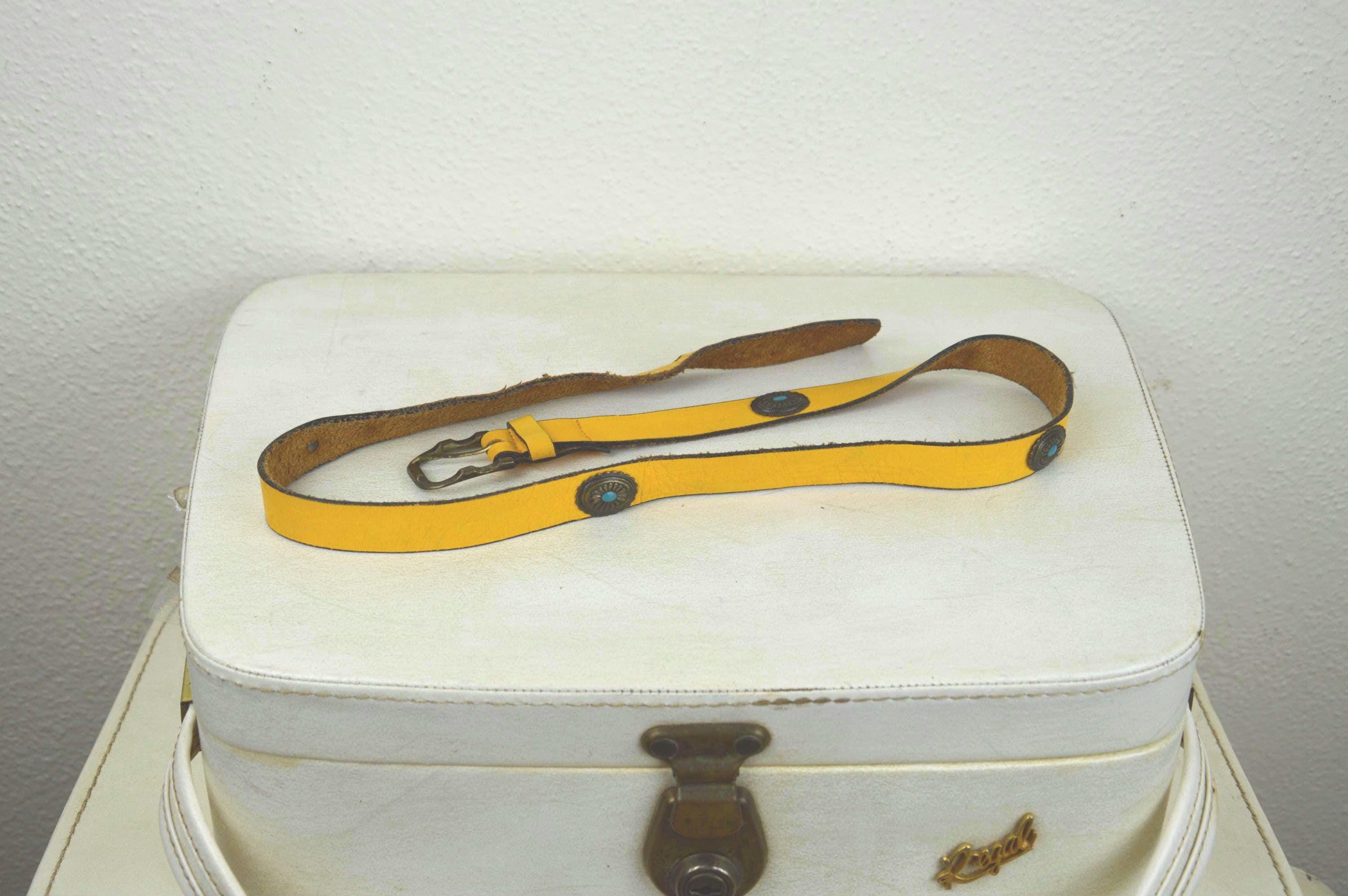 Vtg 1970s Belt Thin Yellow Leather Brass Blue Conchos Women\'s Small 28-32\