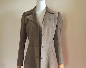 Vintage 1990s grey green suede coat // sage short mid length fitted long blazer jacket // boho hippy classic minimal timeless gold button M