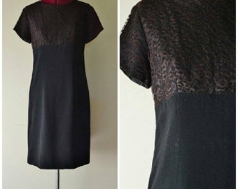 vintage 1960's black and brown crepe lace midi dress S M