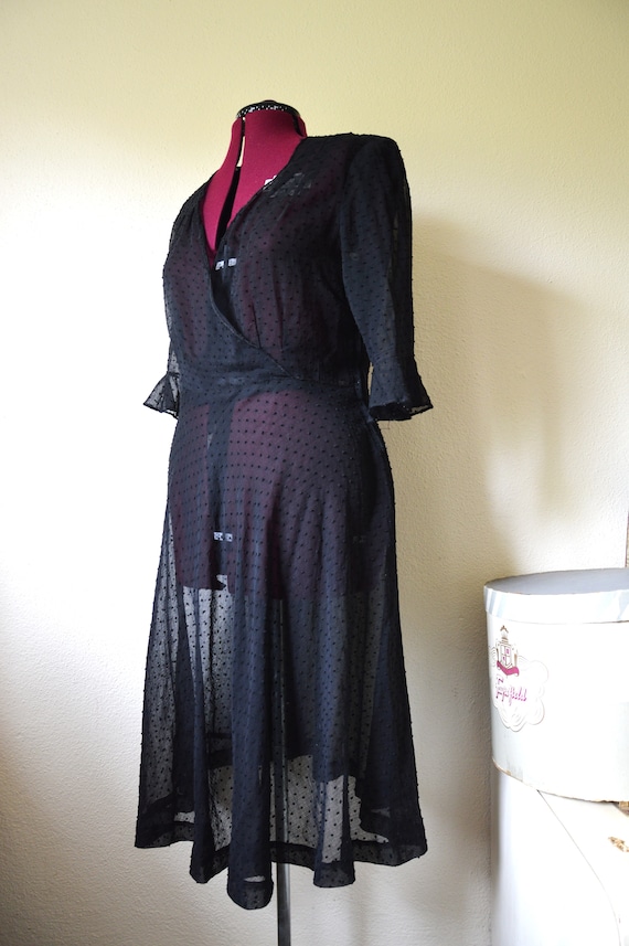 Vintage 1940s black sheer dress // polka dot fit … - image 2