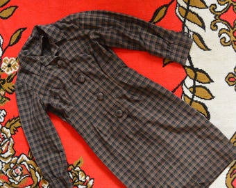 Vintage jaren 70 bruine geruite geruite jurk//minimalistische jaren 60/70 overhemdjurk met kraag met knoop aan de voorkant werkkleding klassiek tijdloos PREPPY academia S M