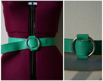 Vintage 1980&#39;s teal aqua belt // blue green vinyl vegan belt // wide metal buckle silver // S M L