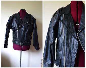 Vintage 90s 80s moto jacket // black faux vegan leather motorcycle biker jacket // M L