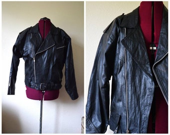Vintage 90-80-tals motorcykeljacka // svart vegansk läderimitationsjacka // M L
