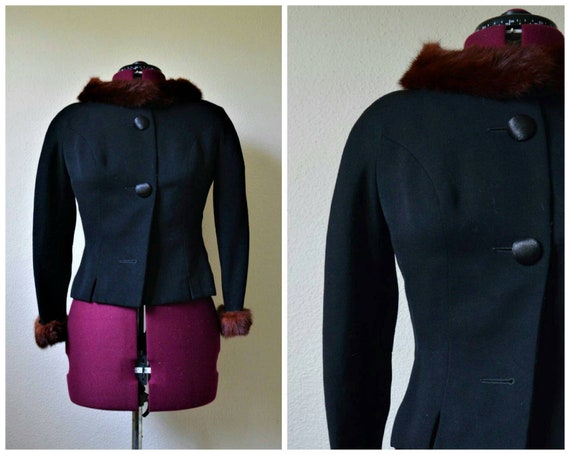 Vintage 1950's black wool jacket brown fox fur co… - image 1