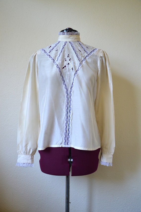 Vintage 1970's cream silk lace blouse // Antique … - image 5