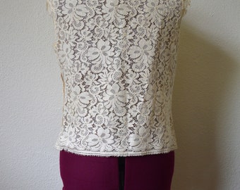 Vintage 1960's Cream Lace Sequin Top // off White Beige White