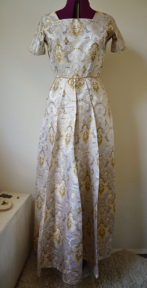 Vintage 1950's Chinese Brocade Maxi Dress // Full Length WEDDING Cream White  GOLD Long Dress Rope Belt Detail Floor FORMAL Gown Glam M L - Etsy UK
