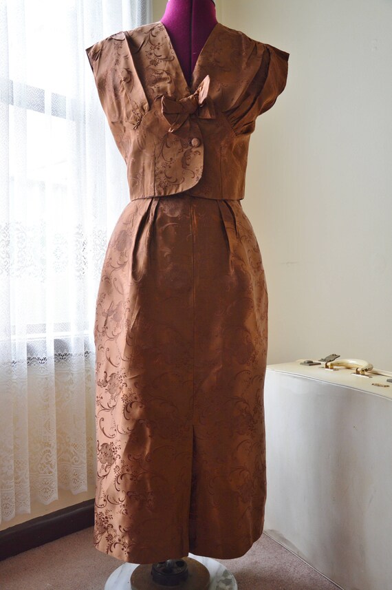 Vintage 50's Brown skirt blouse suit twin set