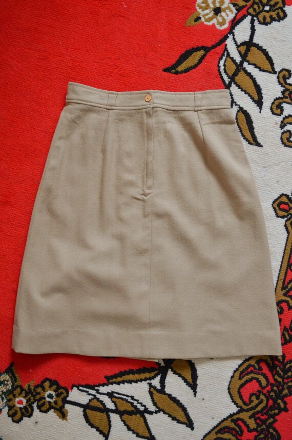Vintage 1970s Tan Beige Skirt // Wool A Line MIDI High Waist Pleat