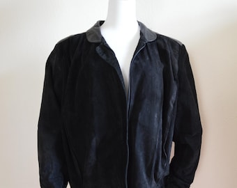 Vintage 1980's back suede jacket // leather bomber jacket 80s 90s shoulder pads cool STATEMENT oversized women's gender neutral coat M L