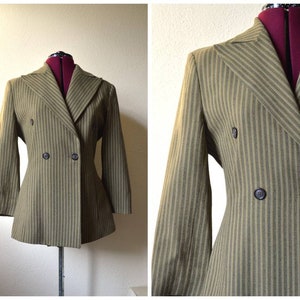 Vintage 1990's blazer // pin stripe fitted minimalist WOOL double breasted  jacket // Olive green neutral brown grey tan // 12 M