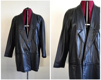 Vintage 1980&#39;s black leather jacket // oversized women&#39;s long blazer coat bomber jacket // blade runner MADONNA 80s soft leather // L