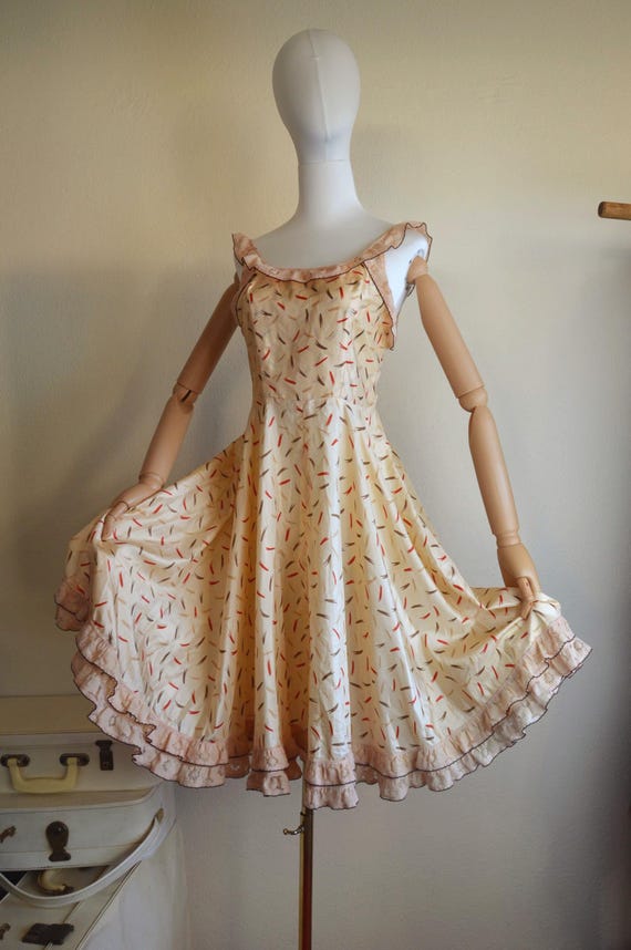 fit and flare dance dress Vintage 1970's Square Dance Dress // Frilly Peach COTTAGE CORE Lace Trim  Full Skirt Fit and Flare Pale Orange Pink Champagne Party S