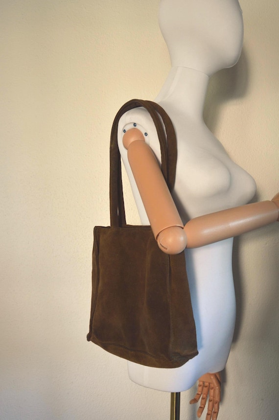 Vintage brown suede tote bag // 1990s minimalist classic small medium shoulder hand bag olive green BOHO hippy casual everyday GIFT for her