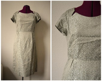 Vintage 1950's dress // green cream brocade fitted cocktail day dress // pale sage off white shiney dress // M