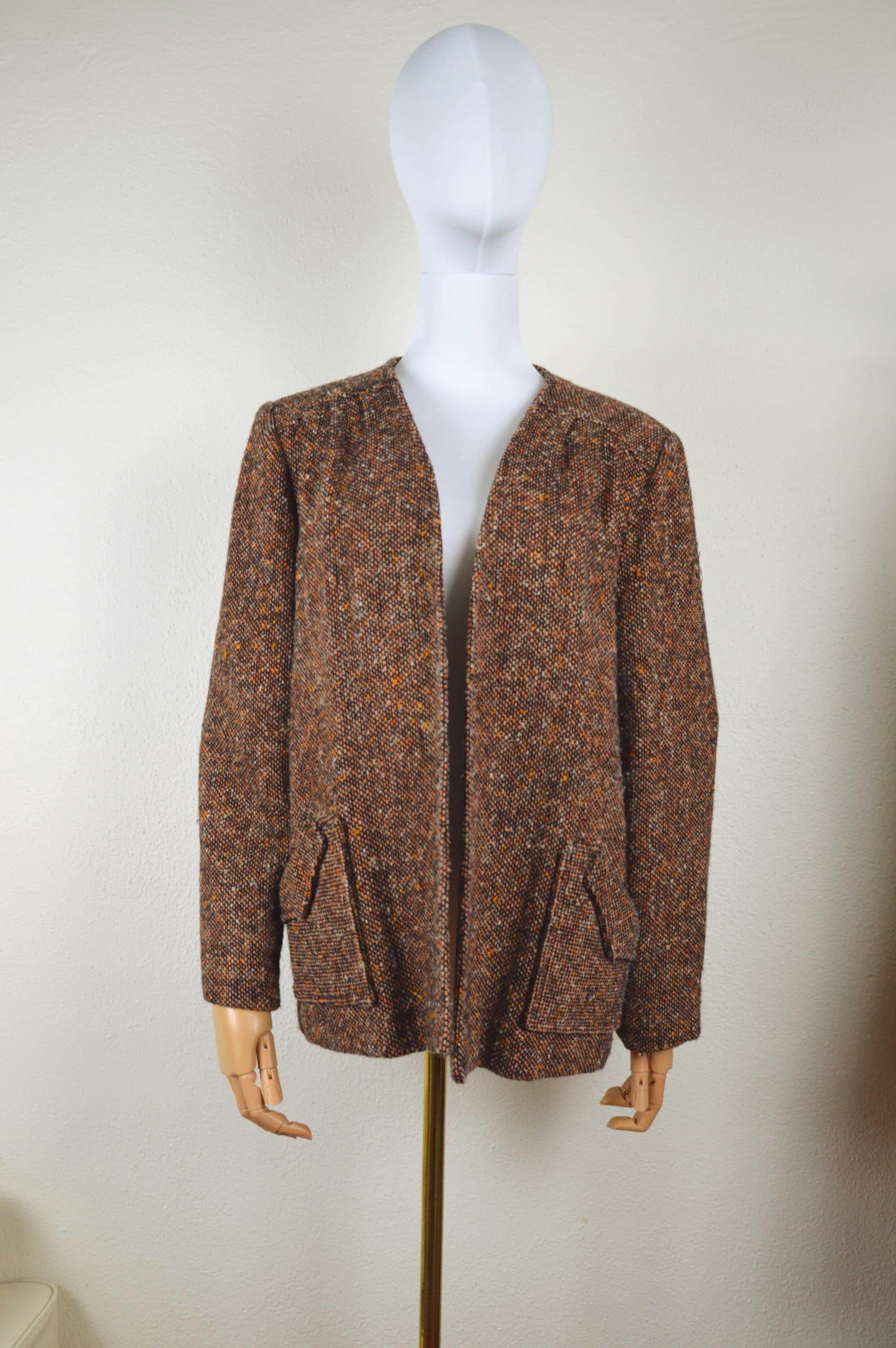 Vintage 1970s Tweed Jacket // Collarless Blazer Short Brown Orange