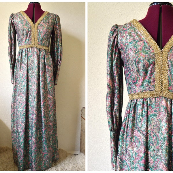 Vintage 1970's formal maxi dress // brocade green hot pink gold balloon sleeve GLAMOUR evening 60s 70s evening long full length party 12 M