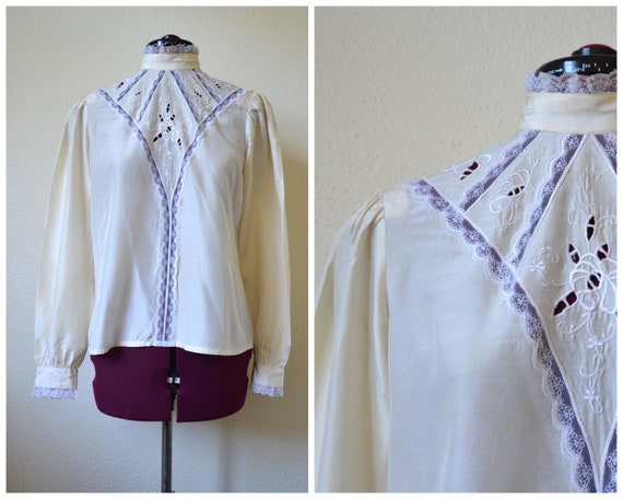 Vintage 1970's cream silk lace blouse // Antique … - image 1