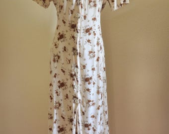 Vintage 1990's cream off white brown floral dress // long midi cheesecloth flowers // COTTAGE CORE pretty feminine delicate classic GRUNGE L