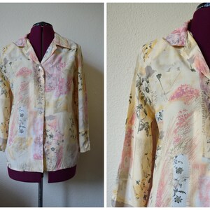 Vintage 1970&#39;s 80&#39;s 90&#39;s shirt // yellow pink beige cream novelty print button down gender neutral blouse office classic work wear // S M