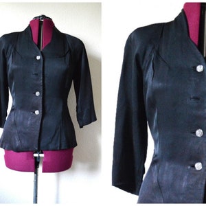 Vintage 1940's black satin blazer // fitted jacket CLASSIC timeless tailored jacket short suit 40s mid century // M