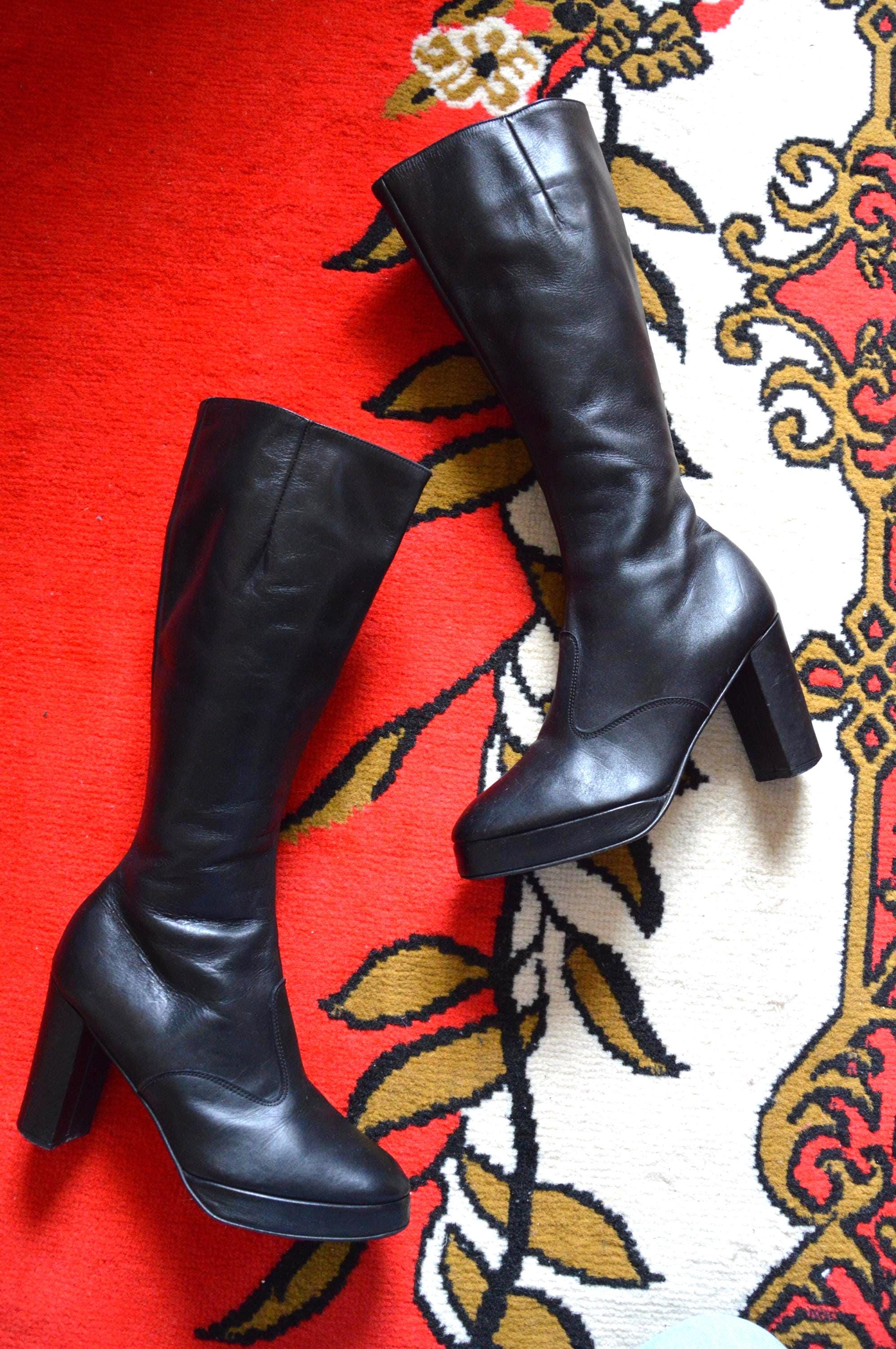 Vintage 1990s 1970s Black Platform Knee High Boots // Tall 
