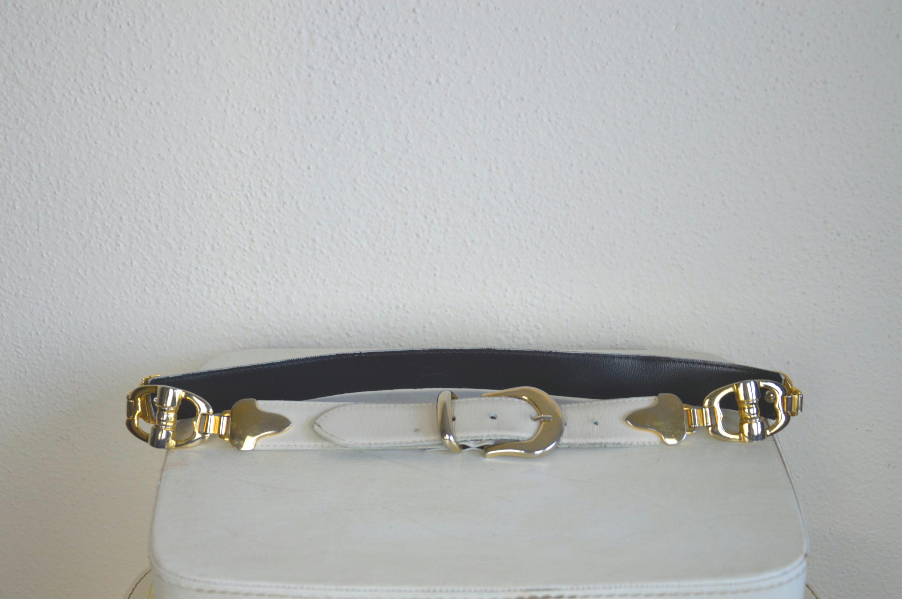Vintage 1980's cream beige gold leather belt // metal accent unique UNUSUAL 80s accessory collectable GIFT women's buckle S M