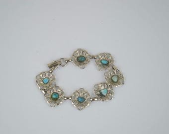 Vintage 1960's silver tone turquoise bracelet // unique ornate natural stone blue bangle costume jewelry collectable hippy boho GIFT for her