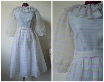 Vintage 1980's dress  // RAINBOW  puffy chiffon stripe sheer white multicolour dress // S