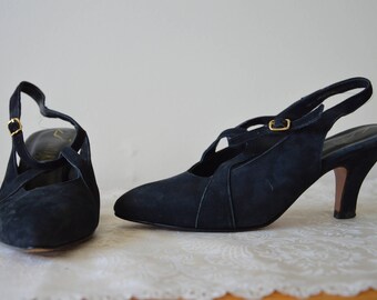 Vintage 70's black suede pointed mary jane sling back heels