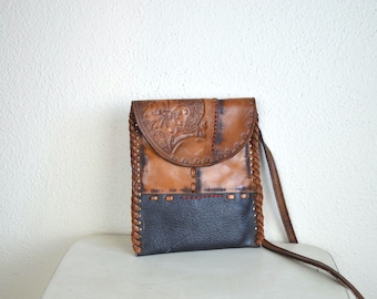 Bolso vintage de piel color canela de los años 70 // Monedero artesanal de piel tejida a mano, marrón, estilo hippie bohemio // Bolso bandolera FESTIVAL