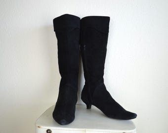 bottes en daim noir vintage des années 2000//bottes hautes à talons aiguilles, chaussures de jour d'automne et d'hiver, élégantes PIXIE pliées chic classiques 39