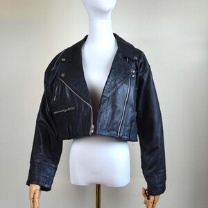 Vintage 1990's 80s Cropped Leather Biker Jacket // Black Silver