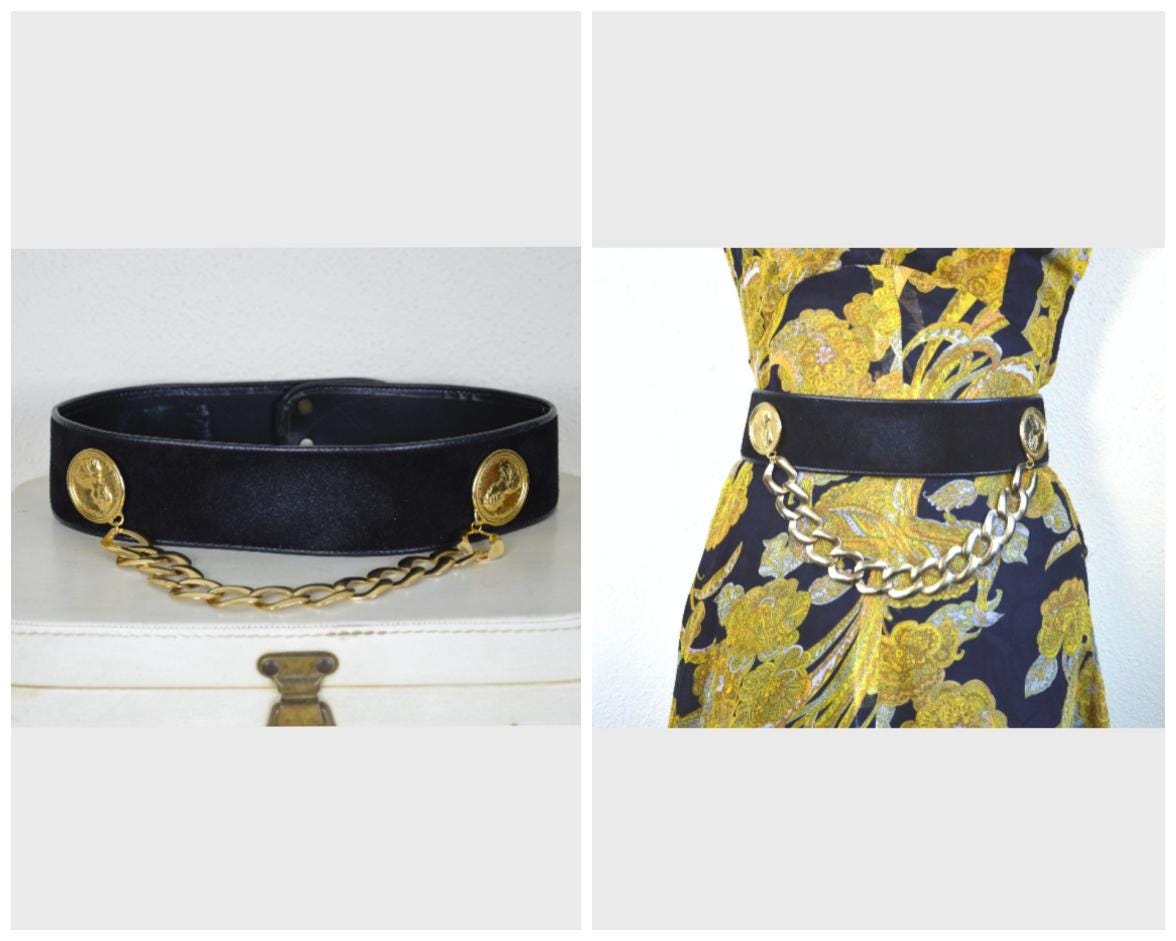 Black Suede Vintage Belt with Gold Chain Detail Vintage 80s Womens Black Suede Leather Belt Gold Metal  main image 3