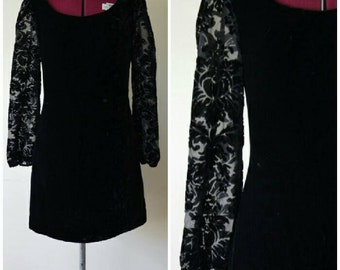 vintage 90's black velvet floral mini baby doll dress S M