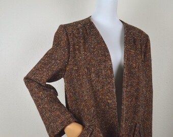 Vintage 1970s Tweed Jacket // Collarless Blazer Short Brown Orange