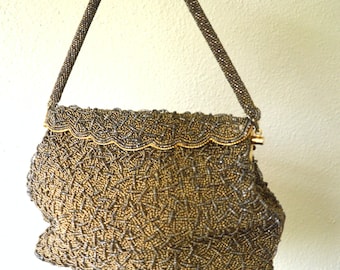 Vintage 1950&#39;s gold beaded hand bag // 60S 50S mid century beaded purse bag evening bag
