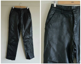 Vintage 80s black leather high waist tapered pants trousers pleat front S M