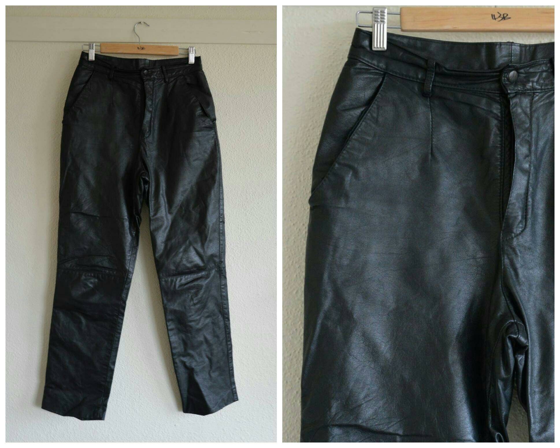 Vintage 80s Black Leather High Waist Tapered Pants Trousers Pleat