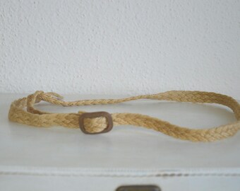 Vintage 1970's woven belt // rope belt beige yellow thin fine women's girls waist belt // braided hippy boho country style 70s M 30 in
