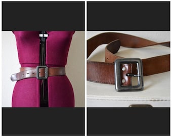Vintage 1970&#39;s 80s 90s brown leather belt // medium brown grey square buckle CLASSIC timeless gender neutral men&#39;s women&#39;s belt L XL