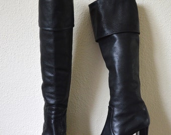 Vintage 2000's black leather thigh high boots // knee high Robert and Hall high block heel classic leather round toe boots // 7.5 38