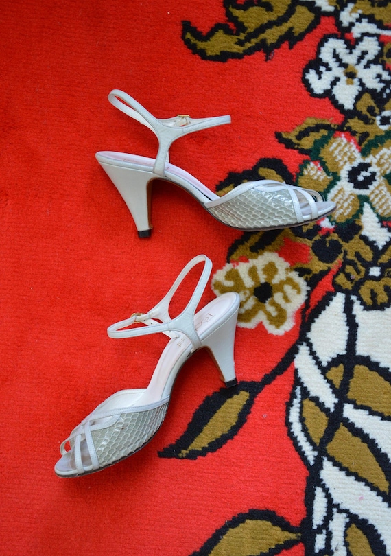 Vintage 1970s 1980s sandals // pale blue green grey SNAKESKIN leather ankle strap heel pumps strappy evening glamourous PARTY shoes 7.5 AA