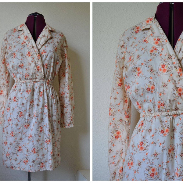 Vintage 1970's floral dress // sundress beige orange neutral brown spring dress faux wrap fit and flare // S M