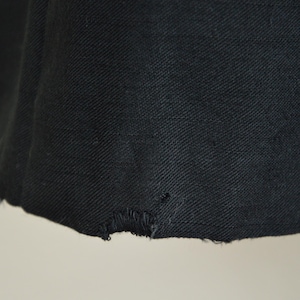 May include: Close-up of the bottom edge of a black blazer. The fabric has a slight texture and there is a small tear in the fabric.